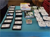 VARIOUS HP CARTRIDGES, RUBBER STAMP AND CD/DVD