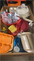 BOX OF KITCHENWARE  AND BABY BOTTLES