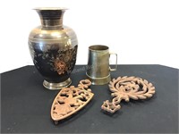 Metal Vase, Brass Mug & Trivets