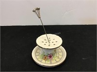 Hand Painted Nippon Hat Pin Holder & Pin