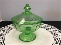 Green Depression Glass Covered Candy Dish