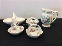 4 Miniature Porcelain Baskets & Creamer