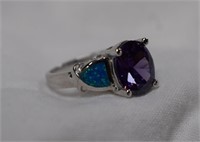 Sterling Silver Ring w/ Opals & Purple Stone Sz 7