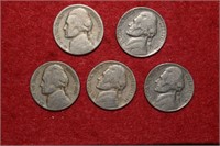 Five Wartime Silver Nickels 1940S to 1941 Mix