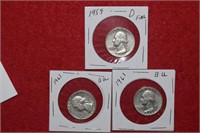 (3) Silver Quarters 1959-D, 1961 & 1963
