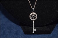 Sterling Silver Chain & Key Pendant w/ Diamonds