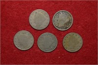 (5) Liberty Head V-Nickels 1899 to 1912D Mix