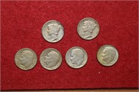 (2) Mercury dimes & (4) Roosevelt Silver Dimes