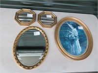 3 GILT FRAMED WALL MIRRORS & 1 GILT FRAMED PRINT