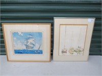 FRAMED PRINT OF BOATS & PRINT OF SHIPS AT SEA