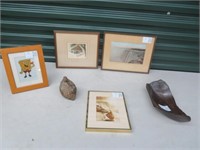 4 FRAMED PRINTS, STONE BIRD & WOODEN BOWL