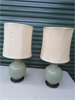 PR GREEN PORCELAIN ORIENTAL TABLE LAMPS W/ SHADES