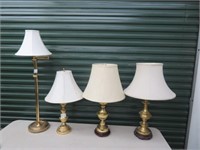 3 BRASS BASED TABLE LAMPS & FLOOR LAMP W/ SHADES