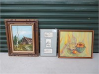 2 FRAMED OILS & 1 FRAMED 3 SECTION SKETCH