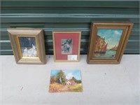 2 OIL PAINTINGS, SILK EMBROIDERY & FRAMED PRINT