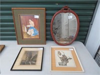 FRAMED PRINT, WALL MIRROR, ENGRAVING & WATERCOLOR