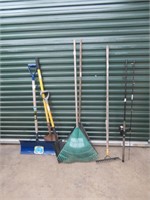 'DAIWA' FISHING ROD, 3 SHOVELS & 3 RAKES