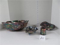4 PIECES OF CARNIVAL GLASS WARE
