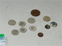 assorted world coins- france, Belgium, Germany