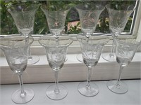 Lot 8 8" Etched Crystal Wine GLasses