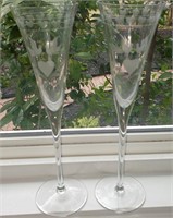 Pair tall Etched Crystal Champagne Flutes