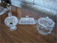 cut glass butter dish and candy jars