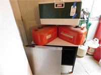 Cooler, Gas Cans, Table & Cabinet