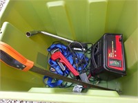 BIN OF TOOLS,  TIE DOWNS AND BATTERY CHARGER