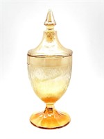Amber Carnibal Glass Lidded Compote 9.5” (chips