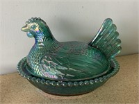 Vintage Teal Carnival Glass Hen On Nest
