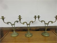 SET OF 3 ANTIQUE VERY HEAVY CAST BRASS CANDLEABRAS