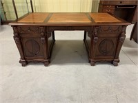 Claw Foot Carved Wood Leather Top Double Desk