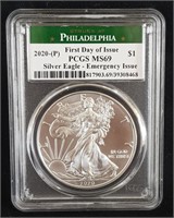 2020 Silver Eagle PCGS MS69  First Day/Emerg. Iss.