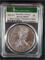 2020 Silver Eagle PCGS MS69  First Day/Emerg. Iss.
