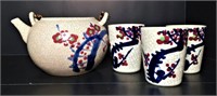 Asian Crackle Finish Teapot  And Cups