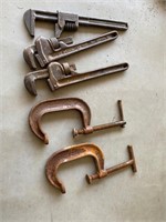 3 Pipe Wrenches and 2 Clamps