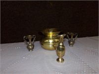 Brass spitton and 3 small vases