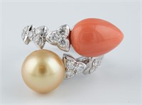 Picchiotti 18k diamond, coral, and pearl ring.
