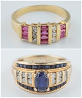 2 Synthetic ruby and synthetic sapphire rings.
