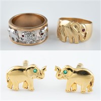 Gold elephant rings and pair of cufflinks.