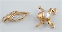 2 14k Pearl and diamond brooches.