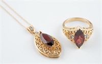14k Garnet necklace and ring.