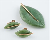 14k Jade leaf brooch and earrings.