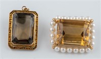 14k yellow quartz brooch and pendant