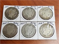 6 Barber Half Dollars (see photos)