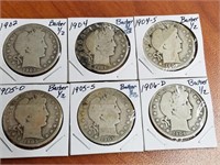 6 Barber Half Dollars (see photos)