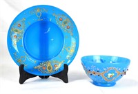 Bohemian Blue Opaline Glass Jewelled Bowl & Plate