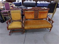 Antique bench , rocker and lamp