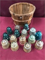 15 Glass Insulators in Bushel Basket
