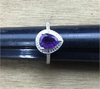 Pear Shaped Amethyst Ring/Platinum Over Sterling
